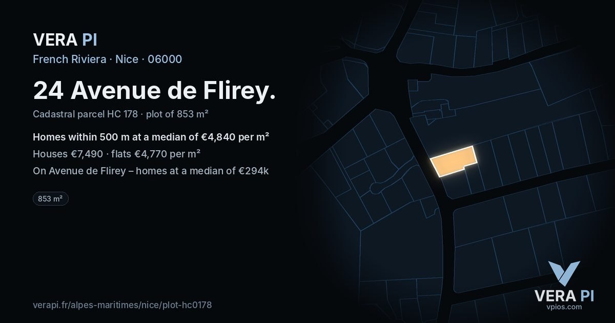 24 Avenue de Flirey, Nice at night – the plot lit, the parcels around coloured by the prices near them
