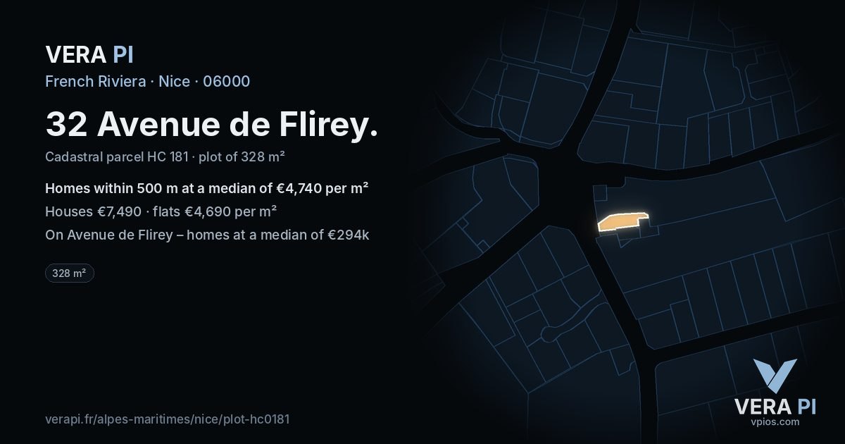 32 Avenue de Flirey, Nice at night – the plot lit, the parcels around coloured by the prices near them