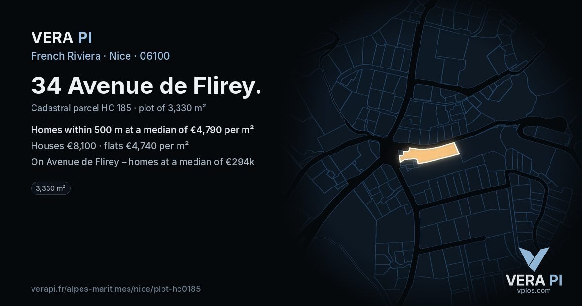 34 Avenue de Flirey, Nice at night – the plot lit, the parcels around coloured by the prices near them