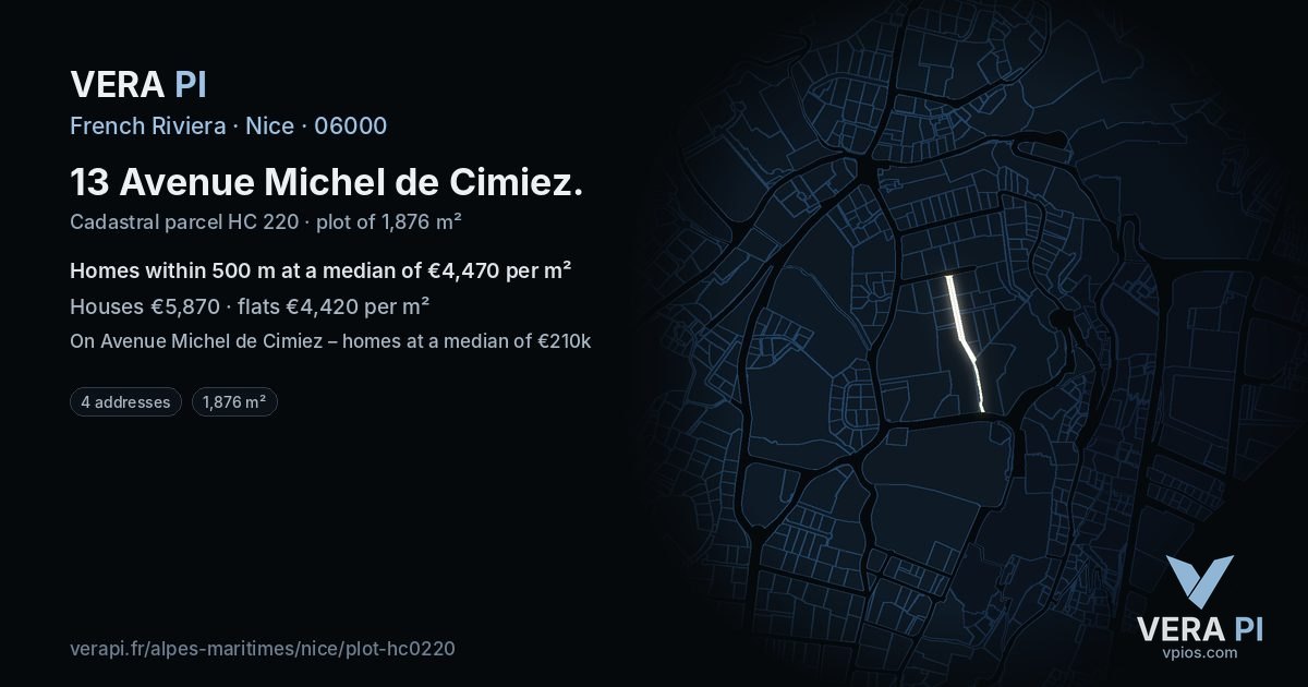 13 Avenue Michel de Cimiez, Nice at night – the plot lit, the parcels around coloured by the prices near them