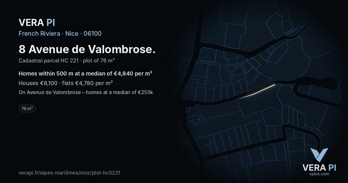 8 Avenue de Valombrose, Nice at night – the plot lit, the parcels around coloured by the prices near them