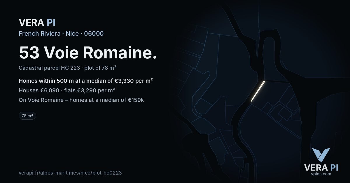 53 Voie Romaine, Nice at night – the plot lit, the parcels around coloured by the prices near them
