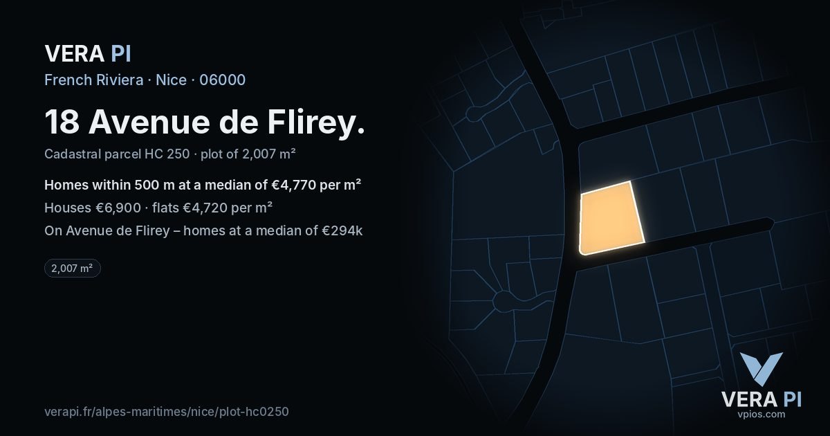 18 Avenue de Flirey, Nice at night – the plot lit, the parcels around coloured by the prices near them