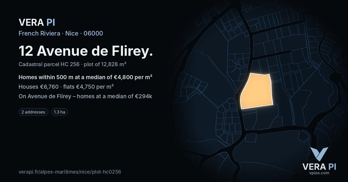 12 Avenue de Flirey, Nice at night – the plot lit, the parcels around coloured by the prices near them