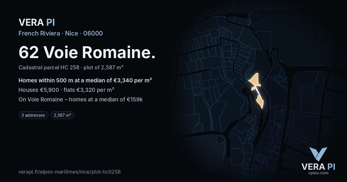 62 Voie Romaine, Nice at night – the plot lit, the parcels around coloured by the prices near them