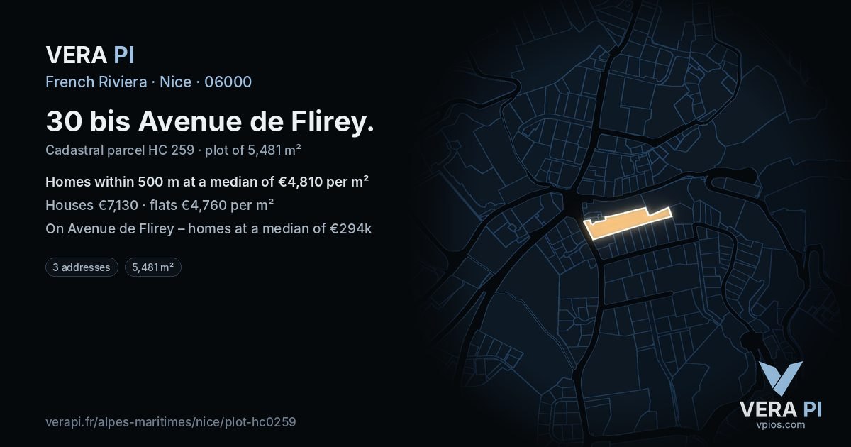 30 bis Avenue de Flirey, Nice at night – the plot lit, the parcels around coloured by the prices near them