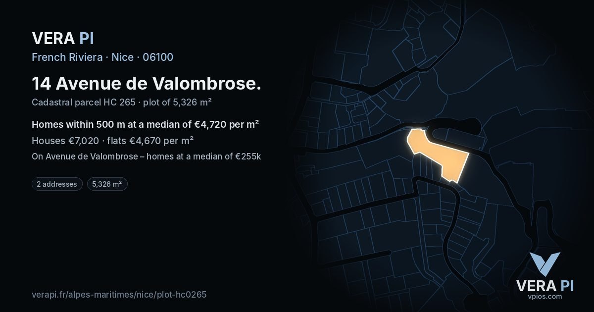 14 Avenue de Valombrose, Nice at night – the plot lit, the parcels around coloured by the prices near them