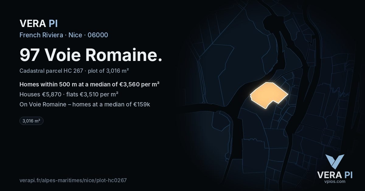 97 Voie Romaine, Nice at night – the plot lit, the parcels around coloured by the prices near them
