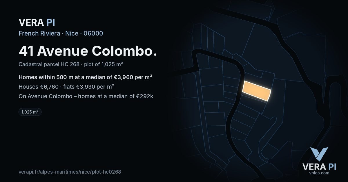41 Avenue Colombo, Nice at night – the plot lit, the parcels around coloured by the prices near them