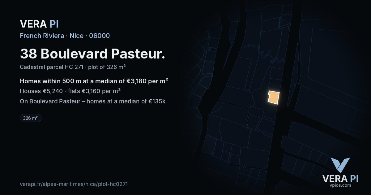 38 Boulevard Pasteur, Nice at night – the plot lit, the parcels around coloured by the prices near them