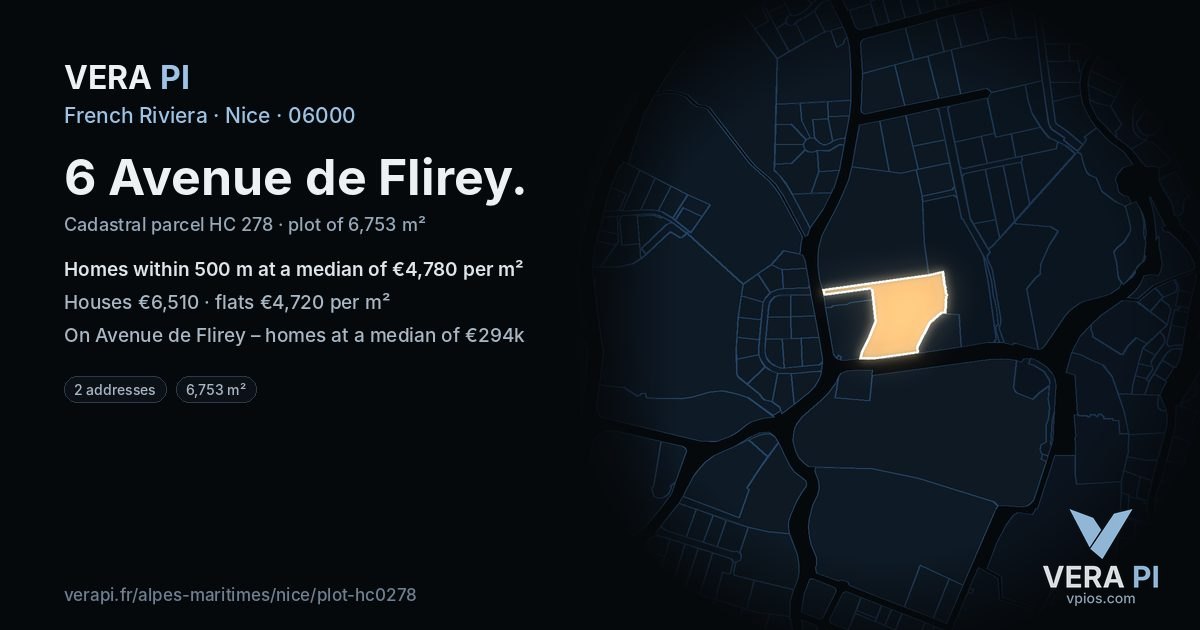 6 Avenue de Flirey, Nice at night – the plot lit, the parcels around coloured by the prices near them