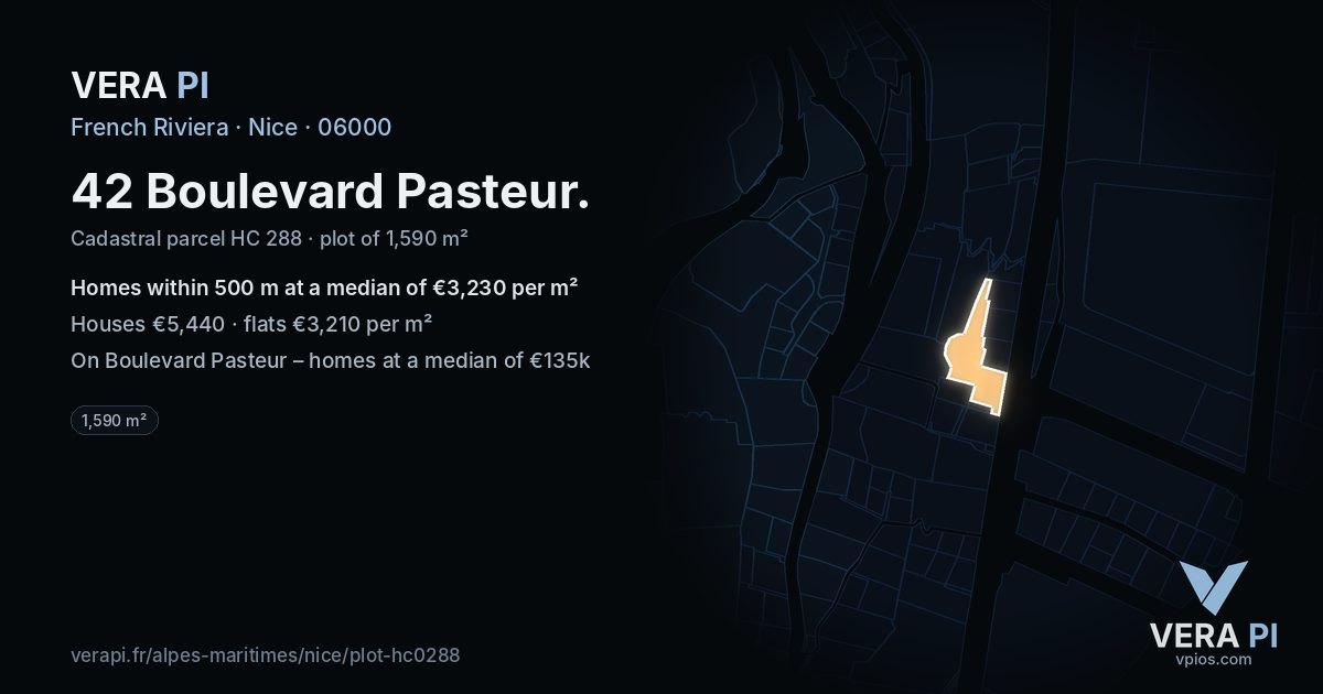 42 Boulevard Pasteur, Nice at night – the plot lit, the parcels around coloured by the prices near them