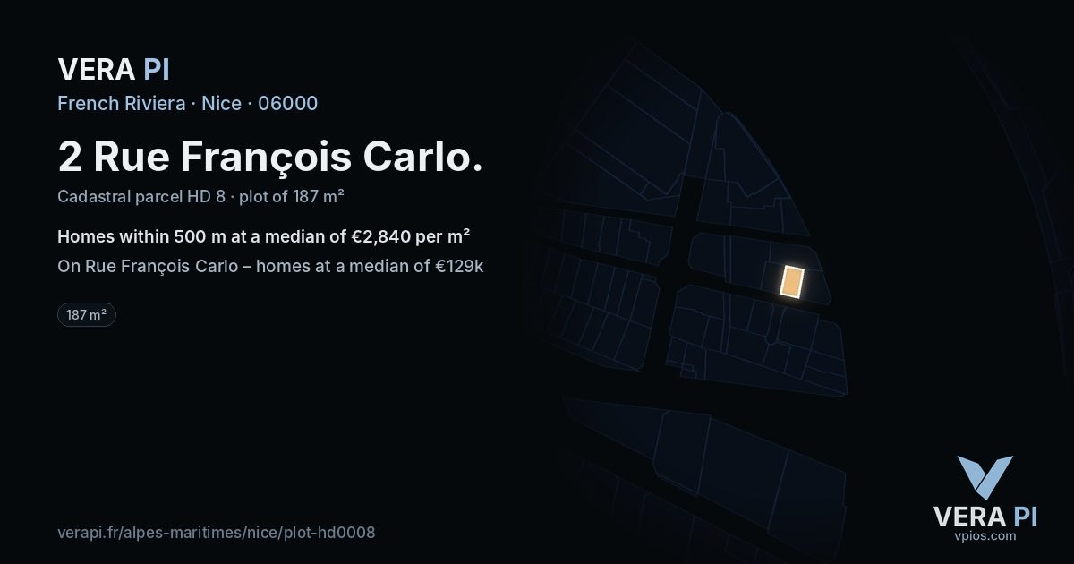 2 Rue François Carlo, Nice at night – the plot lit, the parcels around coloured by the prices near them
