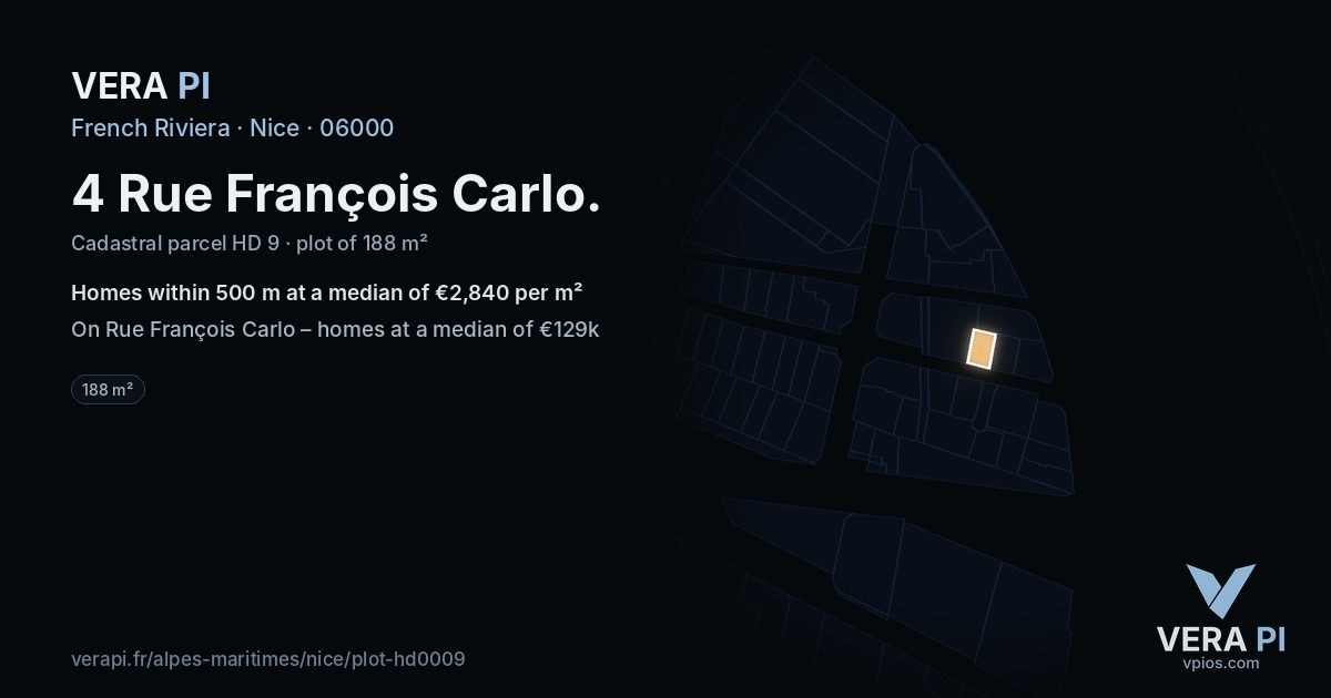 4 Rue François Carlo, Nice at night – the plot lit, the parcels around coloured by the prices near them