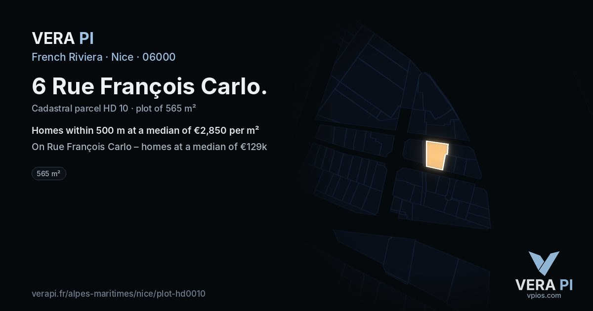6 Rue François Carlo, Nice at night – the plot lit, the parcels around coloured by the prices near them
