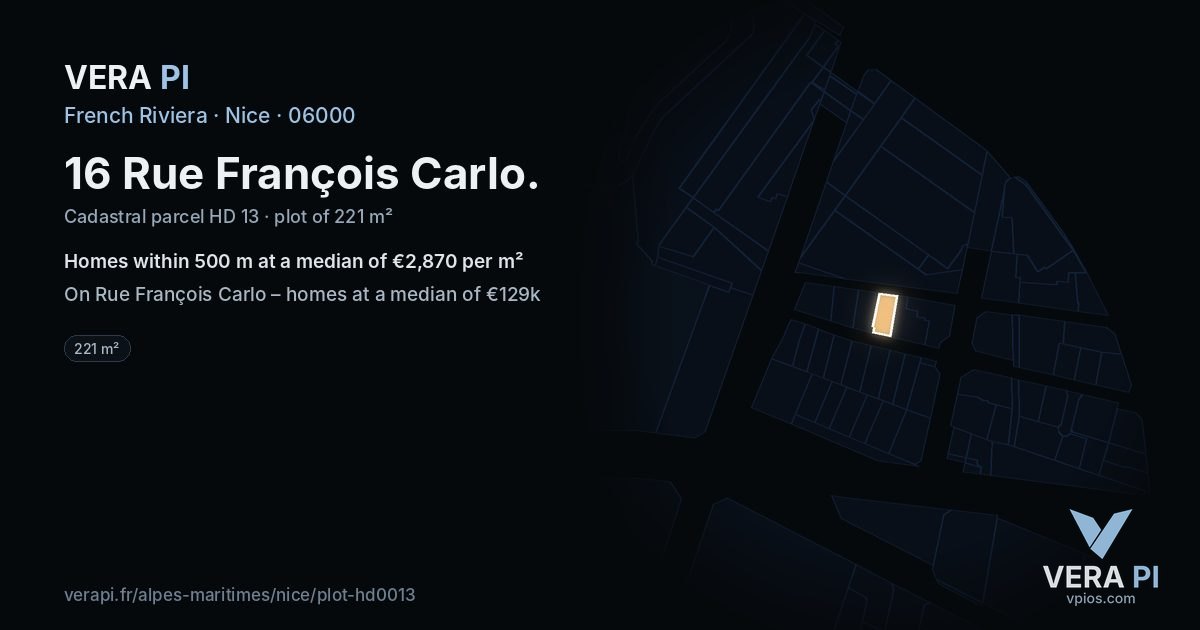 16 Rue François Carlo, Nice at night – the plot lit, the parcels around coloured by the prices near them
