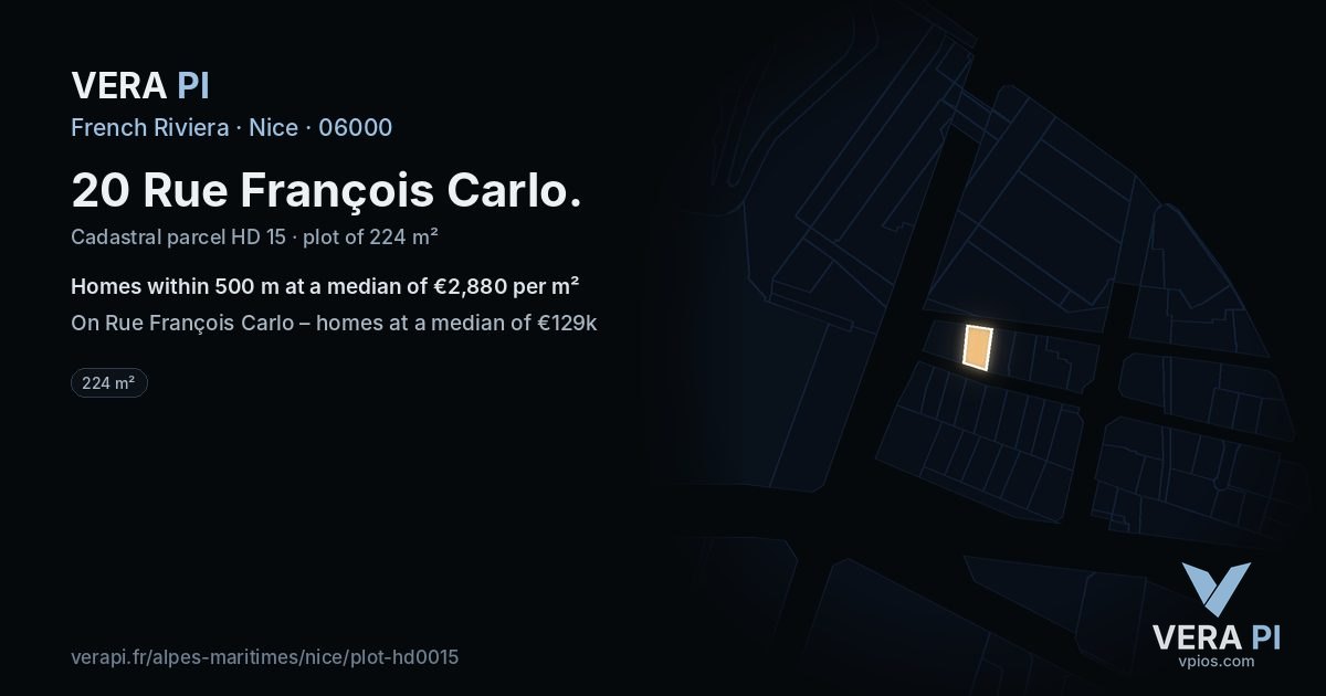 20 Rue François Carlo, Nice at night – the plot lit, the parcels around coloured by the prices near them