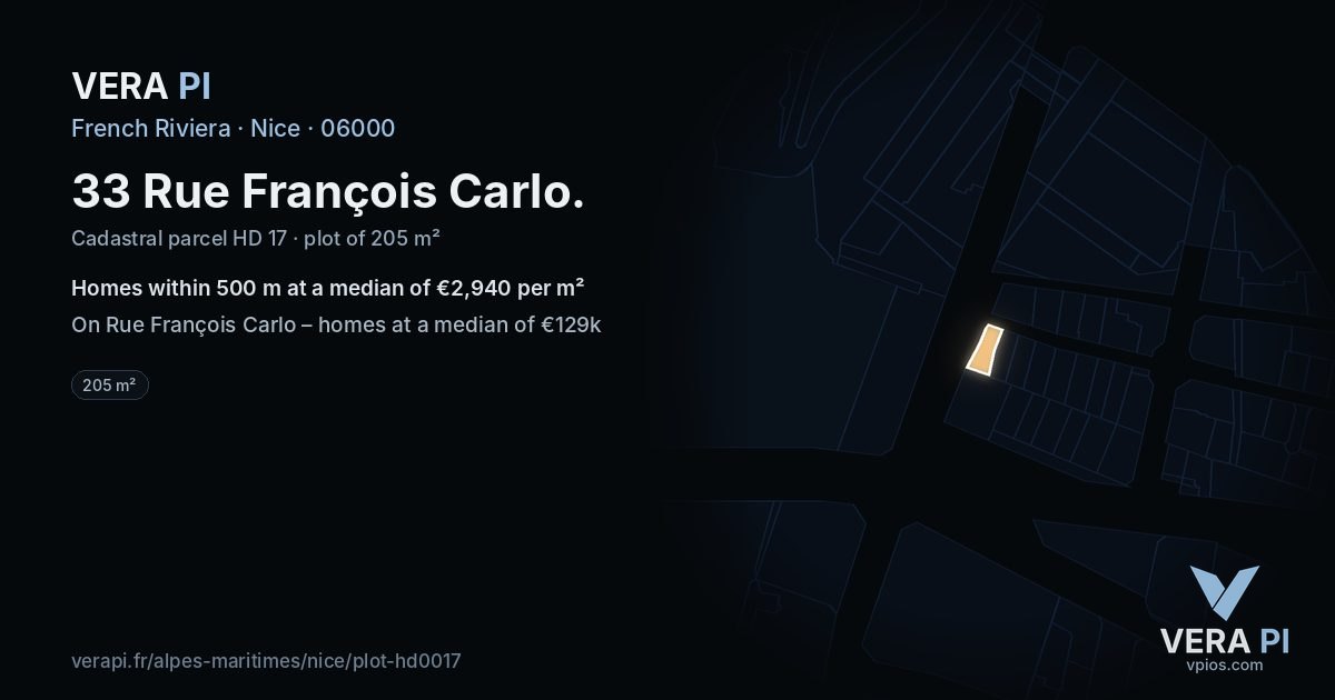 33 Rue François Carlo, Nice at night – the plot lit, the parcels around coloured by the prices near them