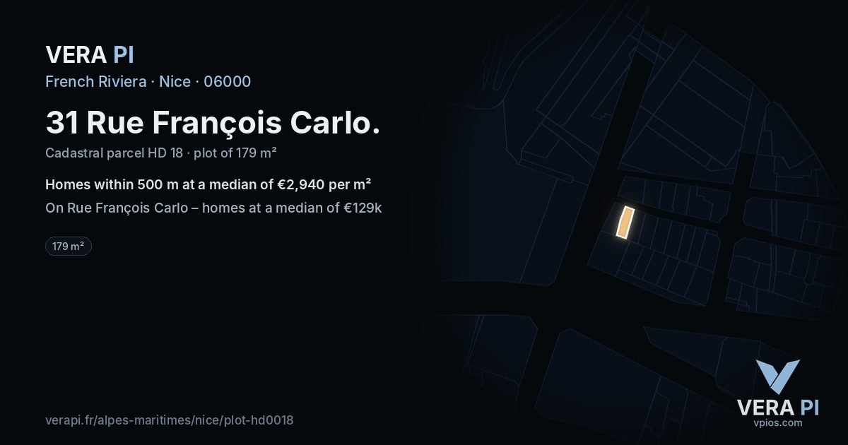 31 Rue François Carlo, Nice at night – the plot lit, the parcels around coloured by the prices near them