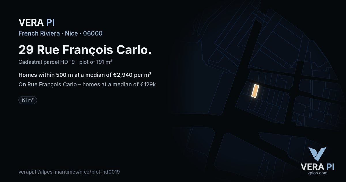 29 Rue François Carlo, Nice at night – the plot lit, the parcels around coloured by the prices near them