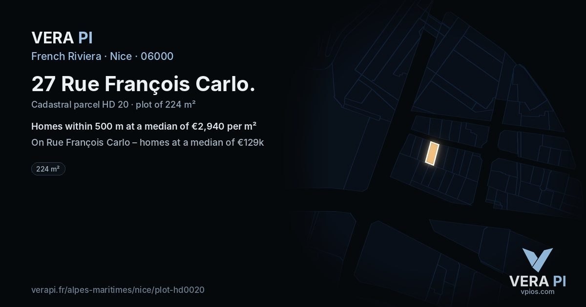 27 Rue François Carlo, Nice at night – the plot lit, the parcels around coloured by the prices near them