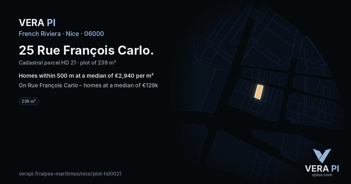 25 Rue François Carlo, Nice at night – the plot lit, the parcels around coloured by the prices near them