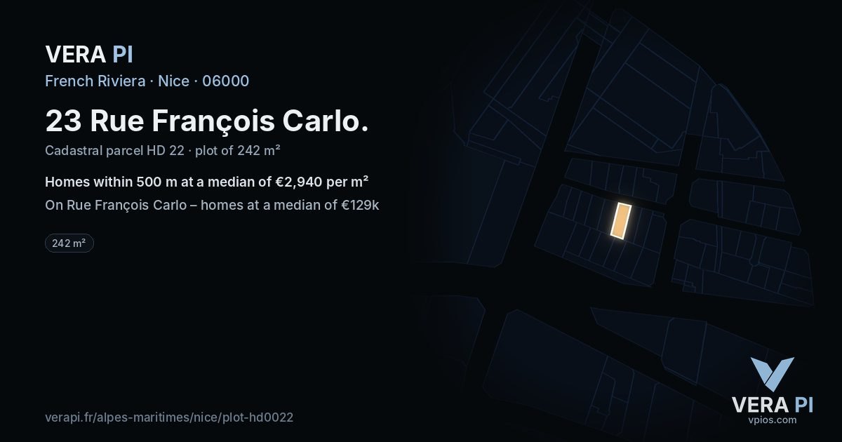 23 Rue François Carlo, Nice at night – the plot lit, the parcels around coloured by the prices near them