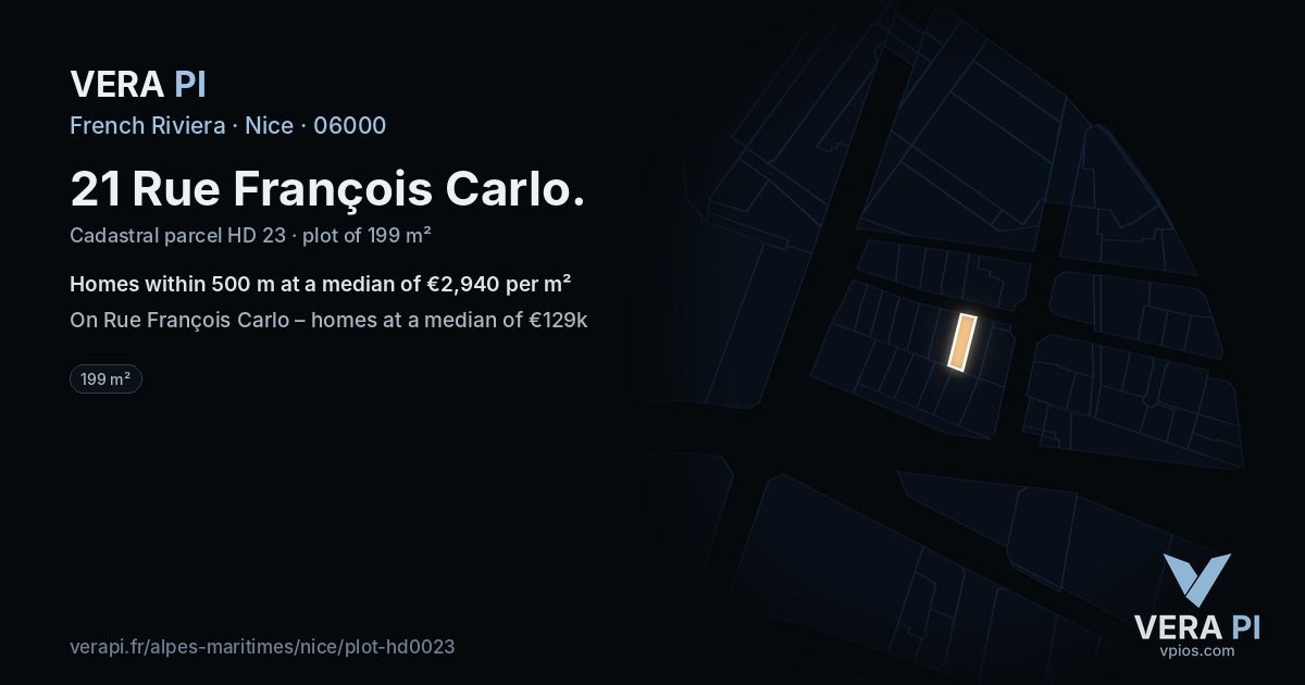 21 Rue François Carlo, Nice at night – the plot lit, the parcels around coloured by the prices near them