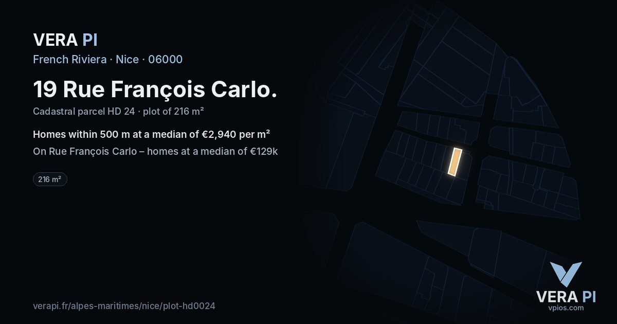 19 Rue François Carlo, Nice at night – the plot lit, the parcels around coloured by the prices near them