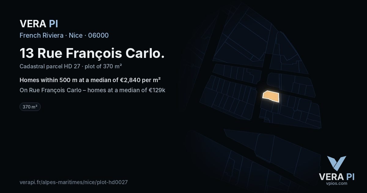 13 Rue François Carlo, Nice at night – the plot lit, the parcels around coloured by the prices near them