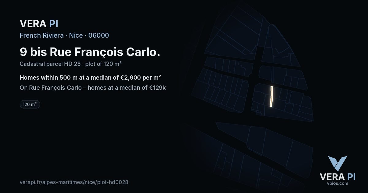 9 bis Rue François Carlo, Nice at night – the plot lit, the parcels around coloured by the prices near them