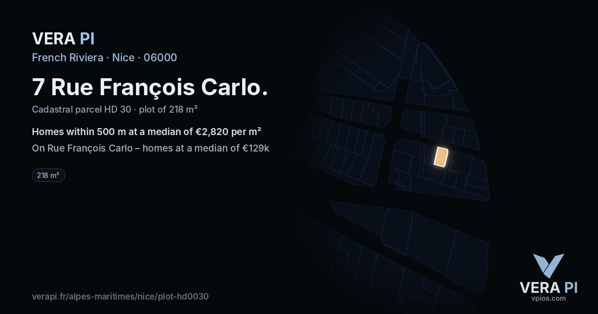 7 Rue François Carlo, Nice at night – the plot lit, the parcels around coloured by the prices near them