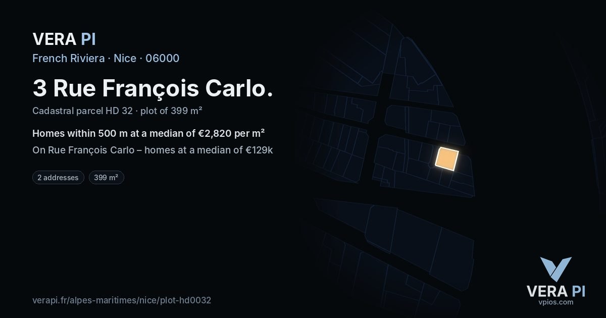 3 Rue François Carlo, Nice at night – the plot lit, the parcels around coloured by the prices near them