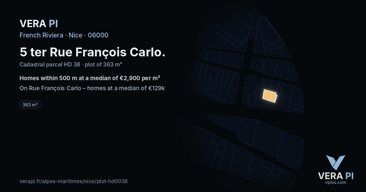 5 ter Rue François Carlo, Nice at night – the plot lit, the parcels around coloured by the prices near them