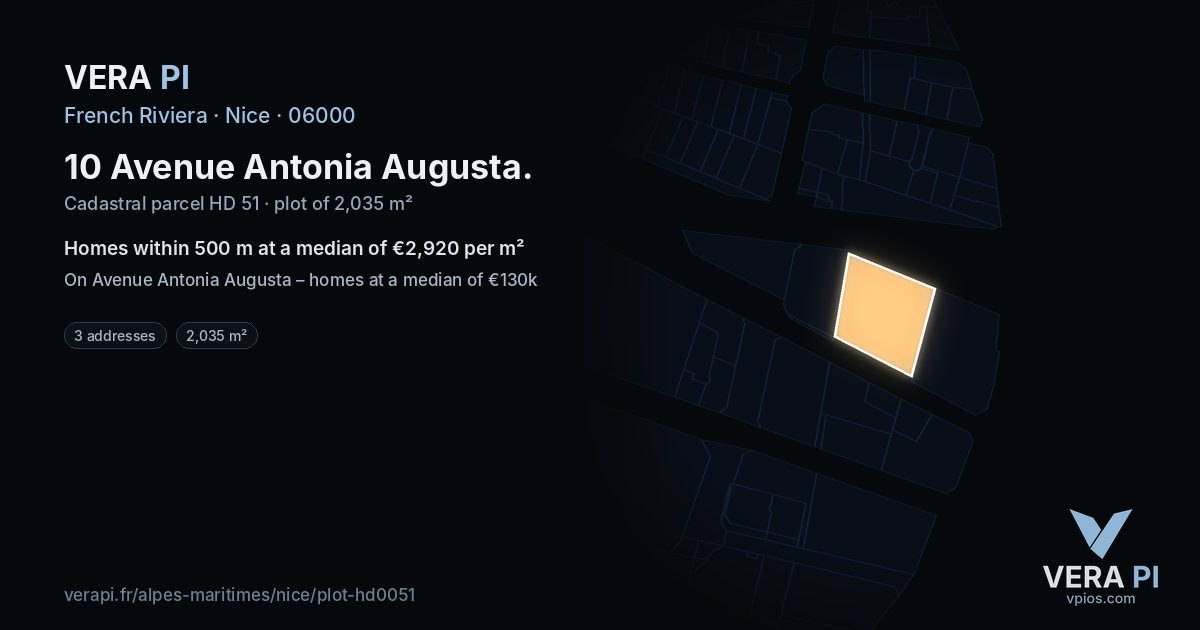 10 Avenue Antonia Augusta, Nice at night – the plot lit, the parcels around coloured by the prices near them