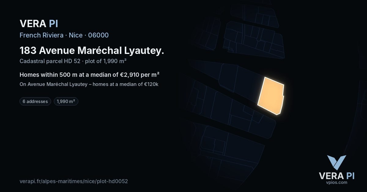 183 Avenue Maréchal Lyautey, Nice at night – the plot lit, the parcels around coloured by the prices near them