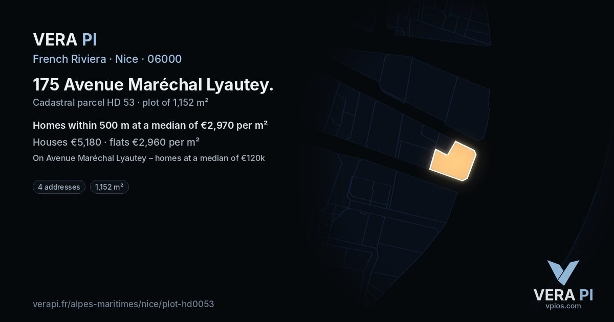 175 Avenue Maréchal Lyautey, Nice at night – the plot lit, the parcels around coloured by the prices near them