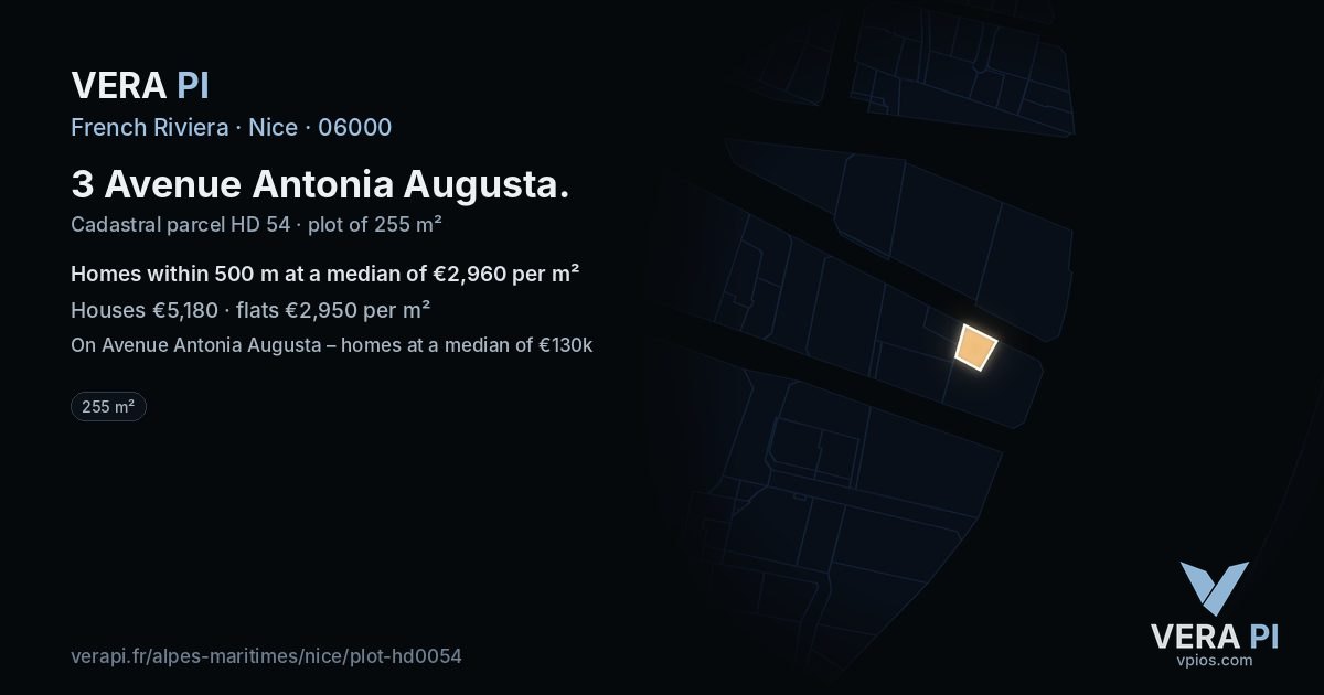 3 Avenue Antonia Augusta, Nice at night – the plot lit, the parcels around coloured by the prices near them