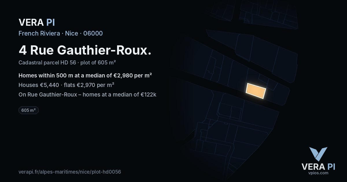 4 Rue Gauthier-Roux, Nice at night – the plot lit, the parcels around coloured by the prices near them