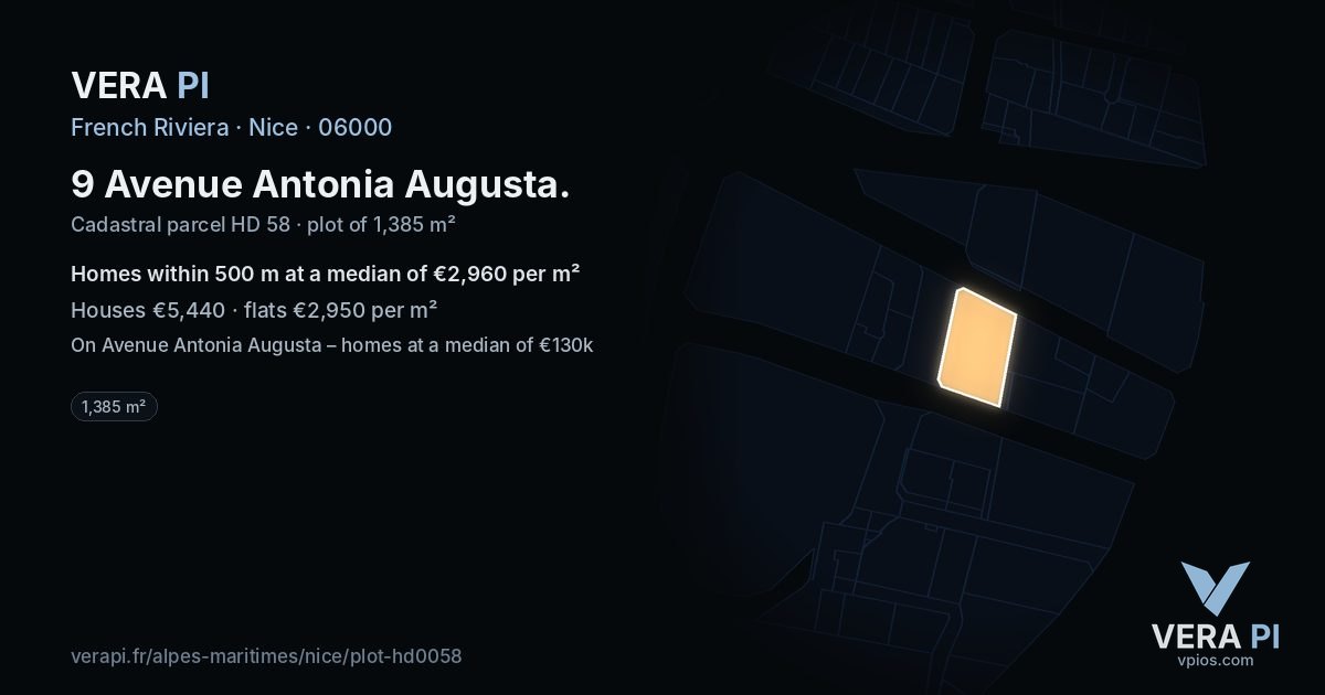9 Avenue Antonia Augusta, Nice at night – the plot lit, the parcels around coloured by the prices near them