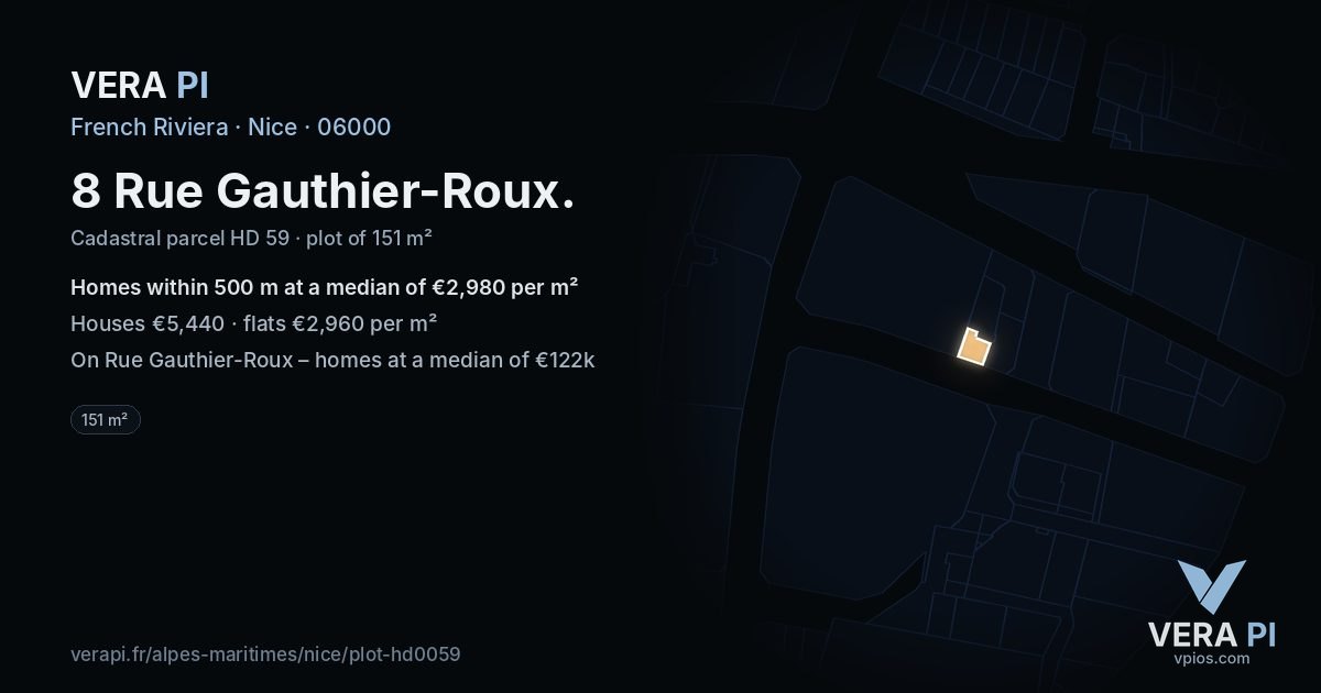 8 Rue Gauthier-Roux, Nice at night – the plot lit, the parcels around coloured by the prices near them