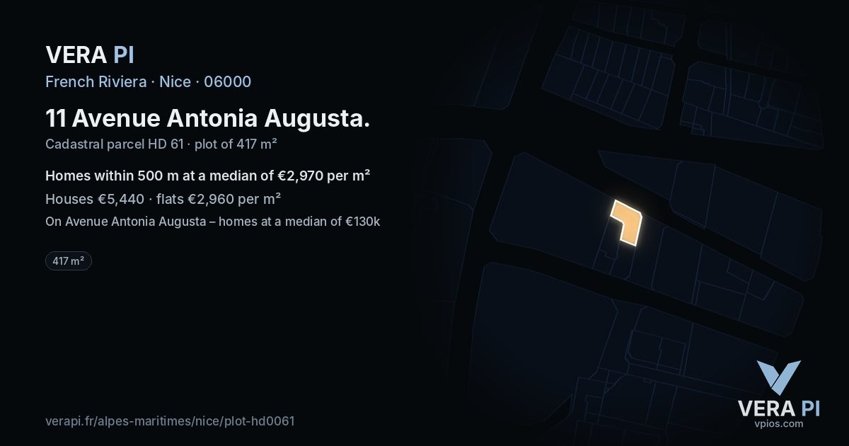 11 Avenue Antonia Augusta, Nice at night – the plot lit, the parcels around coloured by the prices near them