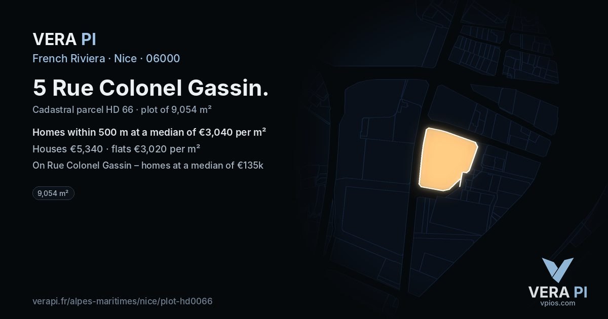 5 Rue Colonel Gassin, Nice at night – the plot lit, the parcels around coloured by the prices near them