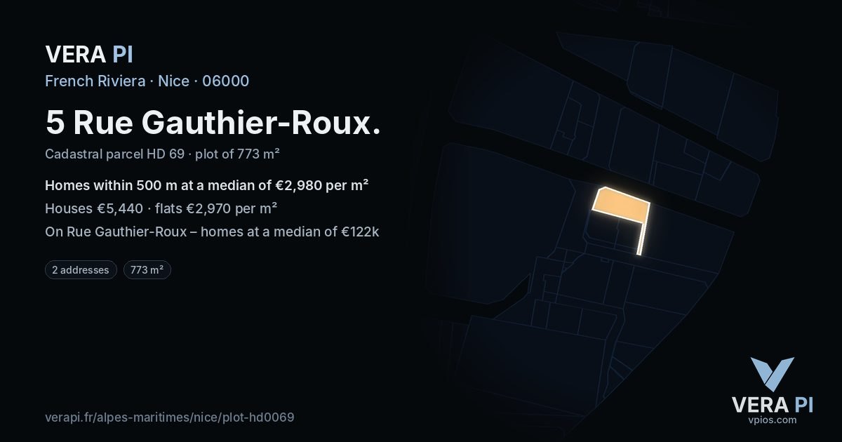 5 Rue Gauthier-Roux, Nice at night – the plot lit, the parcels around coloured by the prices near them