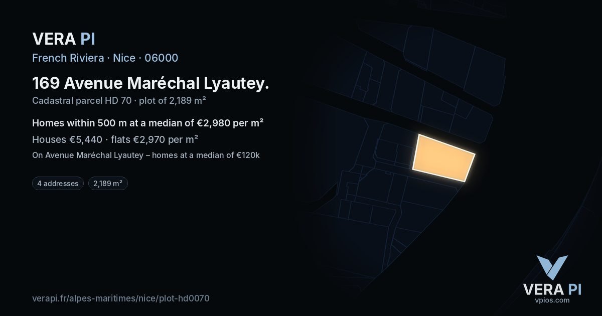 169 Avenue Maréchal Lyautey, Nice at night – the plot lit, the parcels around coloured by the prices near them
