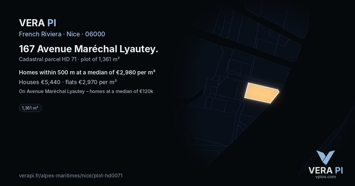 167 Avenue Maréchal Lyautey, Nice at night – the plot lit, the parcels around coloured by the prices near them