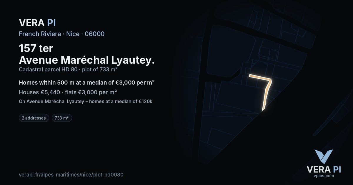 157 ter Avenue Maréchal Lyautey, Nice at night – the plot lit, the parcels around coloured by the prices near them