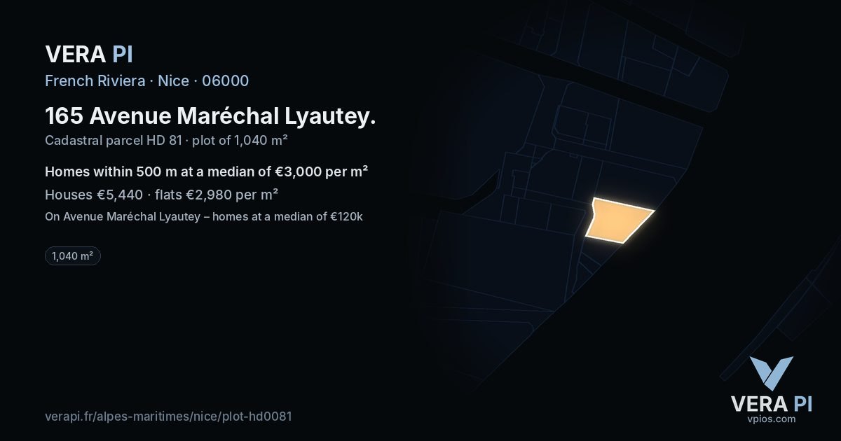 165 Avenue Maréchal Lyautey, Nice at night – the plot lit, the parcels around coloured by the prices near them