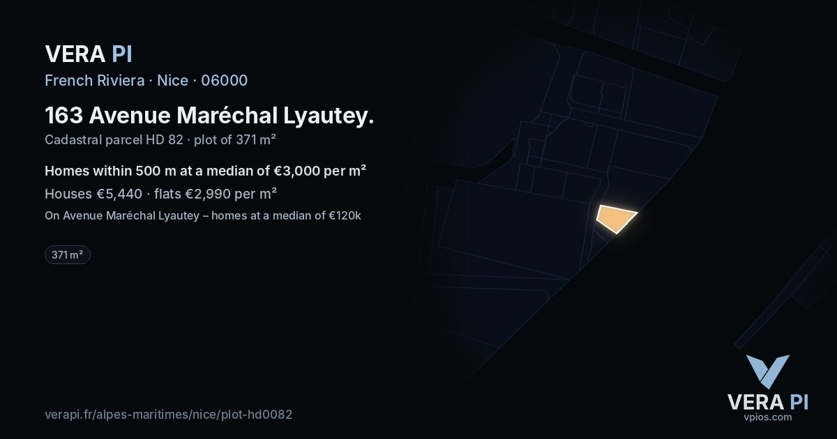 163 Avenue Maréchal Lyautey, Nice at night – the plot lit, the parcels around coloured by the prices near them