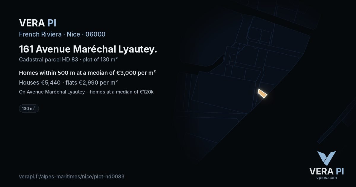161 Avenue Maréchal Lyautey, Nice at night – the plot lit, the parcels around coloured by the prices near them